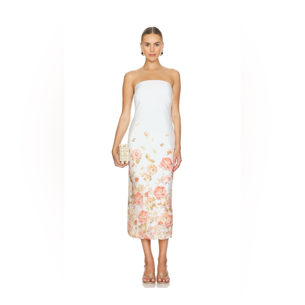 Yumi Kim White Strapless Floral Midi Dress